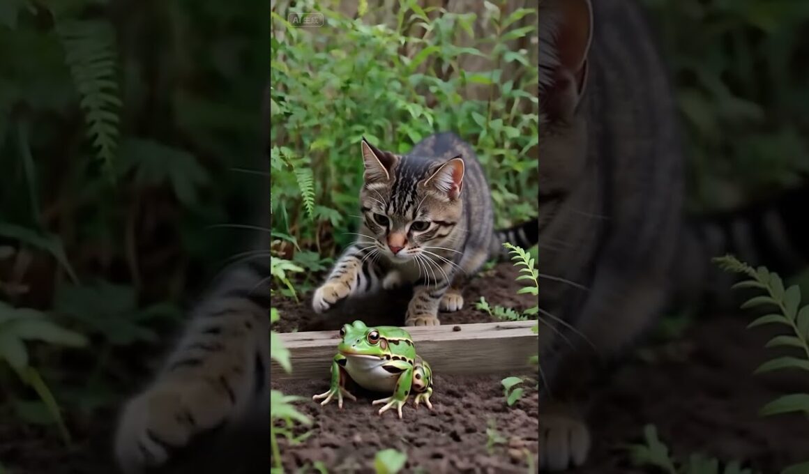 Can the Kitten Catch the Frog? 😹子猫、カエルを狙う！😹고양이, 개구리를 잡을 수 있을까? 😹