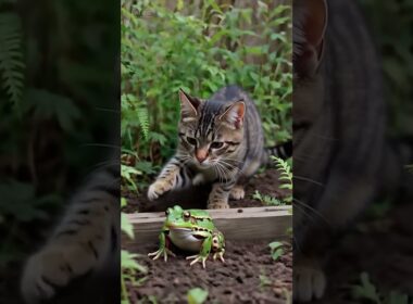Can the Kitten Catch the Frog? 😹子猫、カエルを狙う！😹고양이, 개구리를 잡을 수 있을까? 😹
