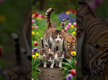 Japanese Bobtail Family Meets Tiger Cub