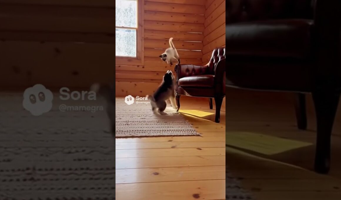 遊ぶシベリアンハスキーとシャム猫/A Siberian Husky and a Siamese cat playing #cat #dog #cuteanimal