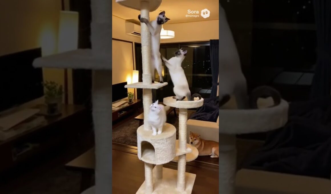 遊ぶ白猫とシャム猫。見ている柴犬。/White Cat & Siamese Cat Play While a Shiba Inu Watches #猫動画  #柴犬動画