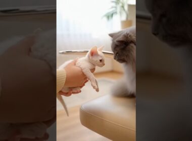 デボンレックス白仔猫を預かる灰色猫　#aicat #ai猫 #オッドアイ猫 #灰色猫