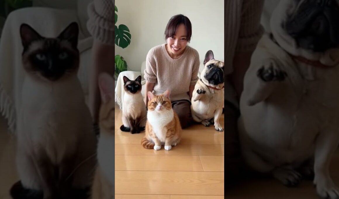 「お腹すいた人？」とマンチカンとシャム猫とフレンチブルドッグに聞いてみると・・ #犬と猫のいる暮らし #おもしろ動画 #fyp