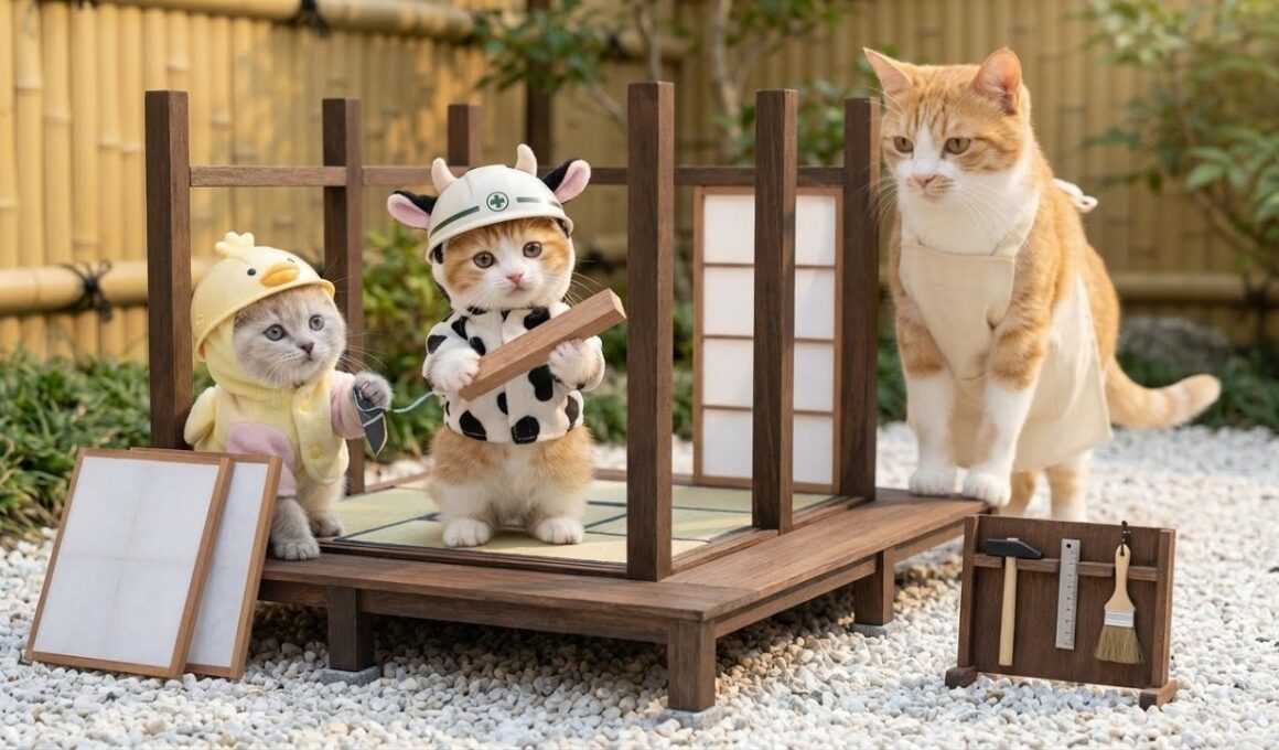 ママ猫に見守られながら、子猫たちが家を建てる日