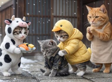 🐱💛 やさしい子猫が野良猫にお寿司を分けた夜｜心あたたまる猫の物語 🍣❄️