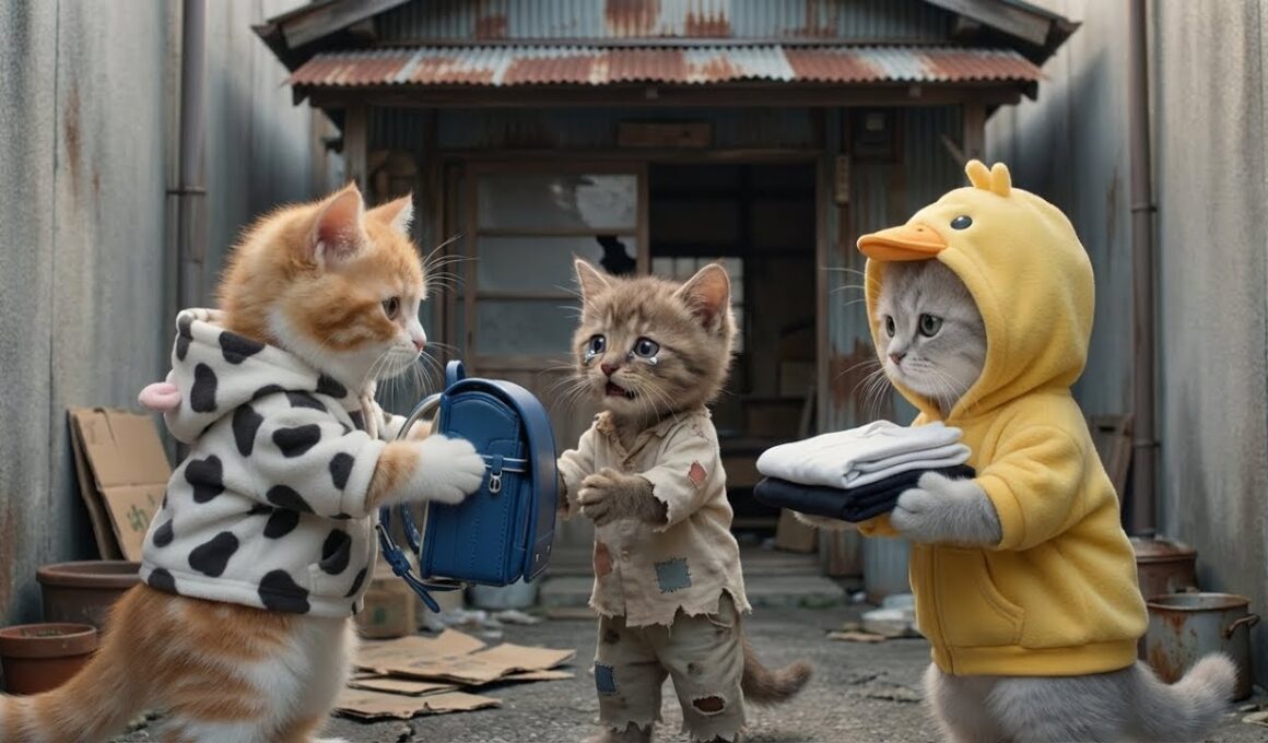 子猫が学校に行けない野良子猫を助ける｜ランドセルと服をプレゼント💛🎒📚