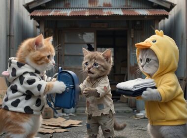 子猫が学校に行けない野良子猫を助ける｜ランドセルと服をプレゼント💛🎒📚