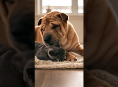 Korat burying his face between wrinkled skin.