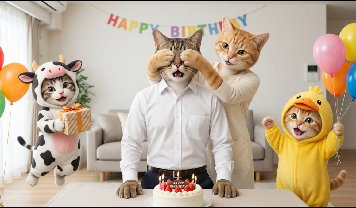 子猫たちとママ猫がパパ猫に誕生日サプライズ――心温まる物語 🐱🎂