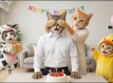子猫たちとママ猫がパパ猫に誕生日サプライズ――心温まる物語 🐱🎂