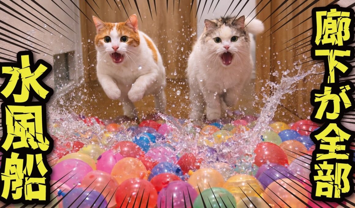 廊下の水風船を破壊しながら突撃する猫たち