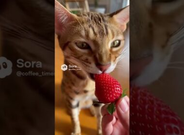 【野性的】家の中に「豹」がいる…？オシキャットの食事 / Tiny Leopard: Ocicat Strawberry Snack #shorts