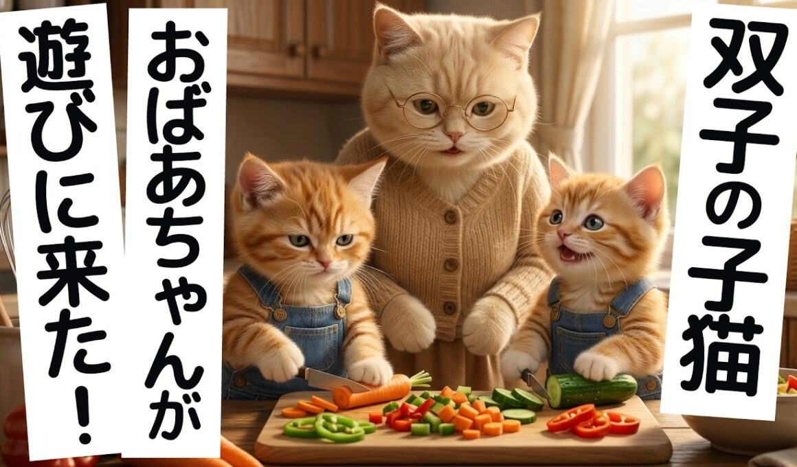 おばあちゃんが遊びに来た日、双子の子猫が大はしゃぎ！