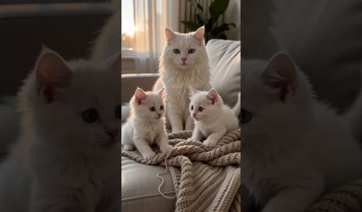 やさしい毛糸の中でくつろぐターキッシュアンゴラの親子 🐾  Cozy Knitted Comfort with Turkish Angora Cat and Kittens 🐾 #kitten