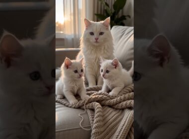 やさしい毛糸の中でくつろぐターキッシュアンゴラの親子 🐾  Cozy Knitted Comfort with Turkish Angora Cat and Kittens 🐾 #kitten