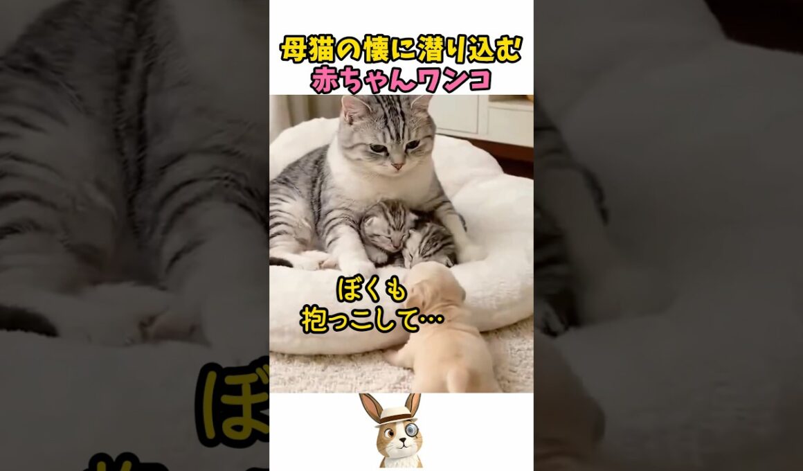 母猫の懐に潜り込む赤ちゃんワンコ