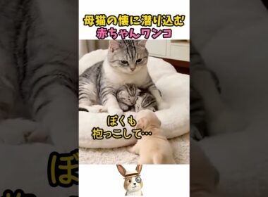 母猫の懐に潜り込む赤ちゃんワンコ