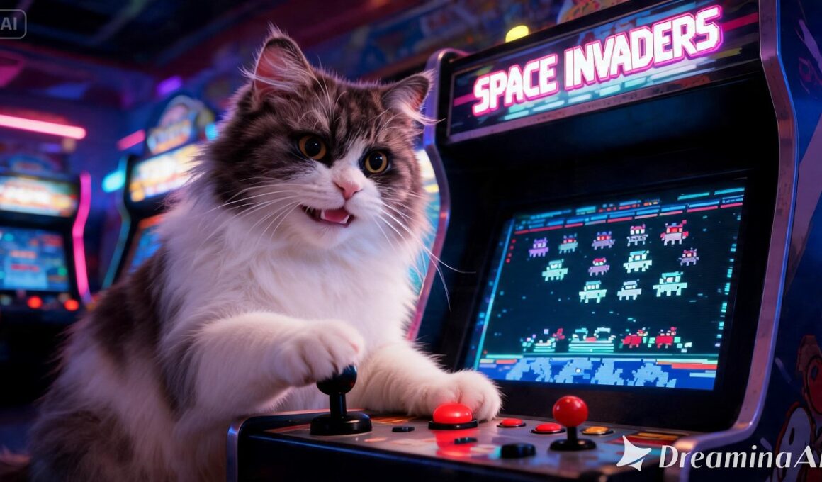 猫 VS. インベーダーゲーム Cat playing Space Invaders #コバン #ねこ #aivideo #ラガマフィン #cutecat