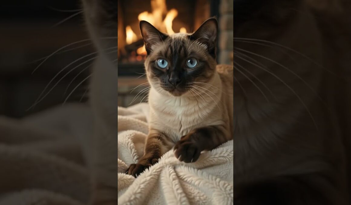【癒し】暖炉の前で毛布をふみふみするシャム猫