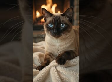 【癒し】暖炉の前で毛布をふみふみするシャム猫