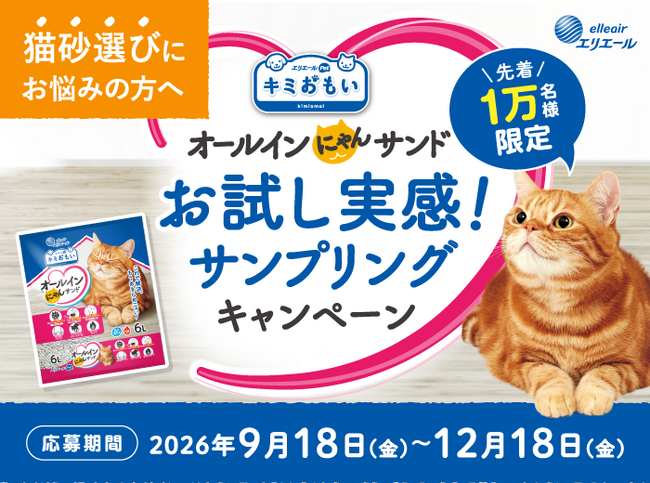 猫砂選びにお悩みの方へ！ネコちゃんもオーナーさんも快適な新商品を無料でお試し！『エリエールPet キミおもい オールインにゃんサンド』お試し実感！サンプリングキャンペーン | 鹿児島・九州プレスリリース | 生活情報 | くらし