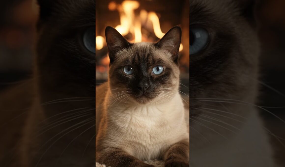 暖炉の前でまどろむシャム猫の癒やし時間