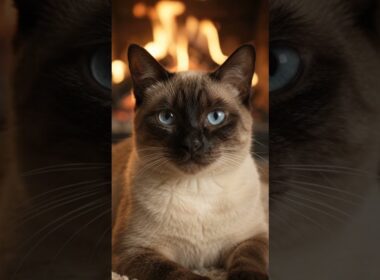 暖炉の前でまどろむシャム猫の癒やし時間
