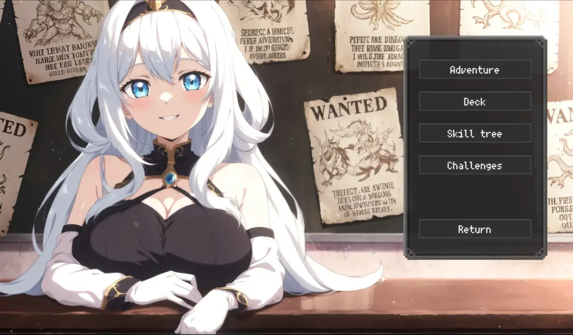 白髪の女性キャラクターとAdventureやDeckなどのメニュー画面