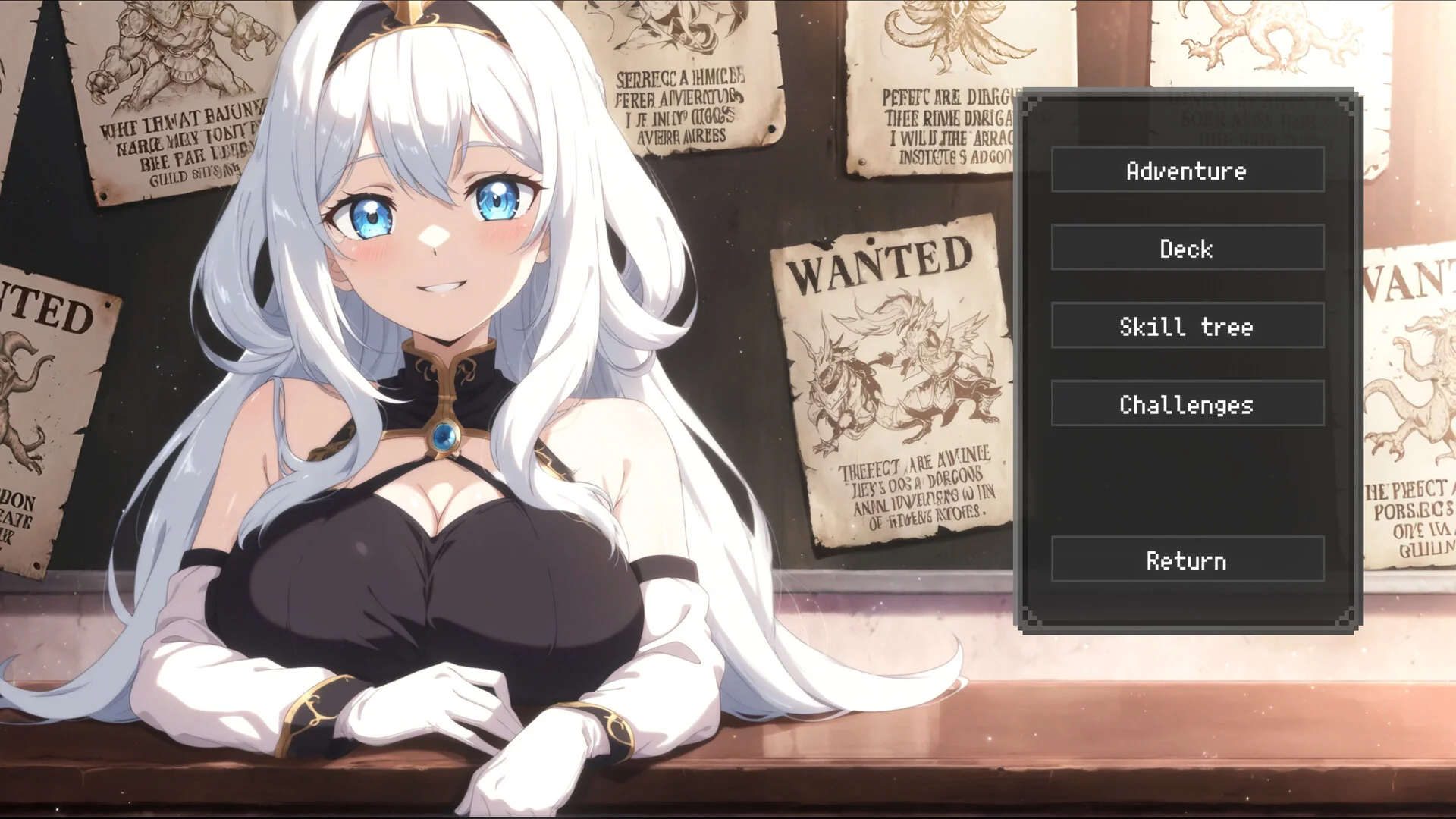 白髪の女性キャラクターとAdventureやDeckなどのメニュー画面