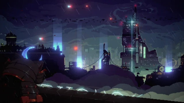 『Sa[meow]rai: 銀翼の猫侍』の雨の夜のサイバーパンク都市の風景