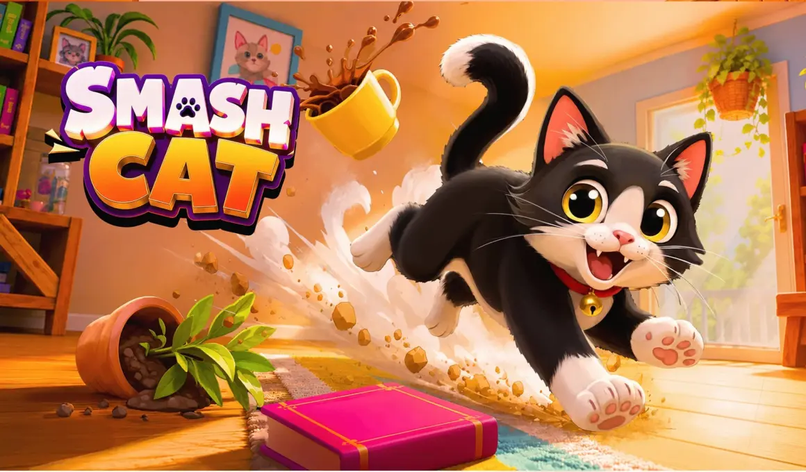 SMASH CATのロゴと黒白の猫が走る姿が描かれたビジュアル