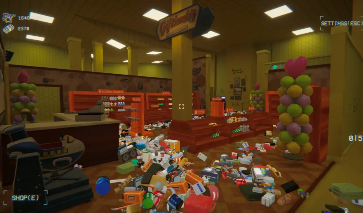 Giftlandの店内で商品が散乱するゲーム画面