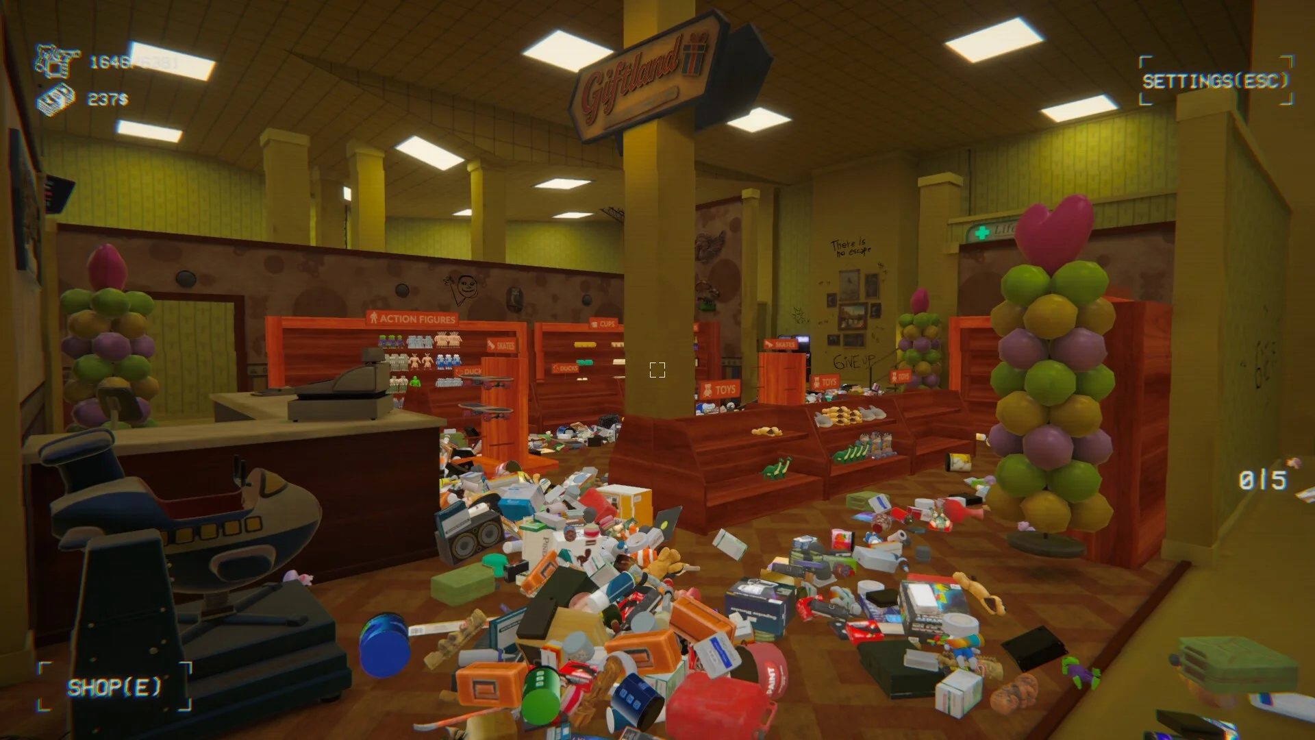 Giftlandの店内で商品が散乱するゲーム画面