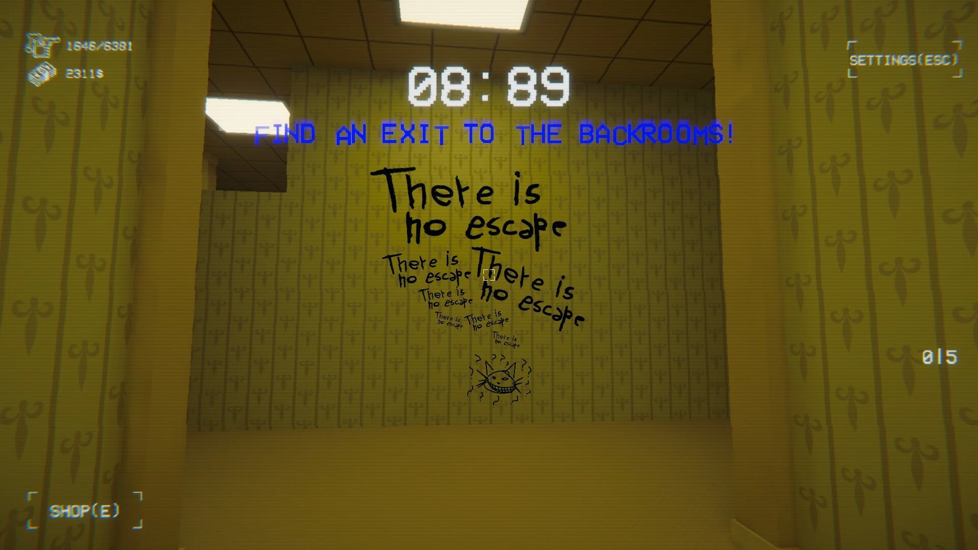 壁にThere is no escapeと書かれたゲーム画面