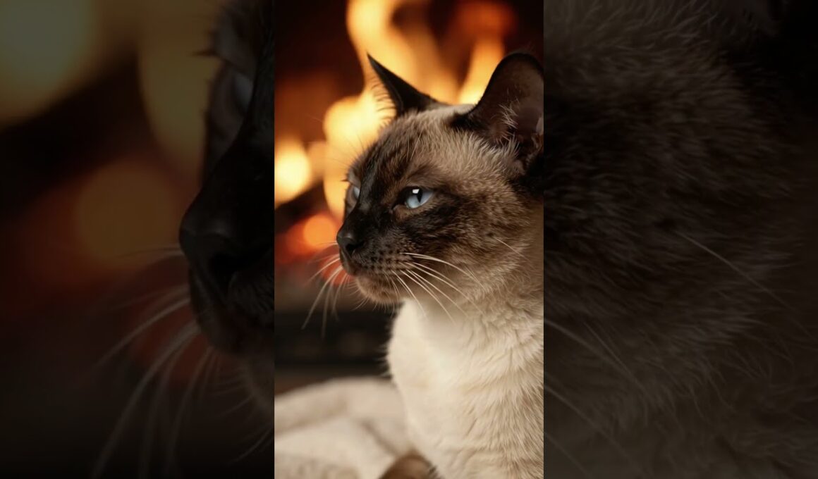 【癒し】暖炉の前でふみふみするシャム猫🐱