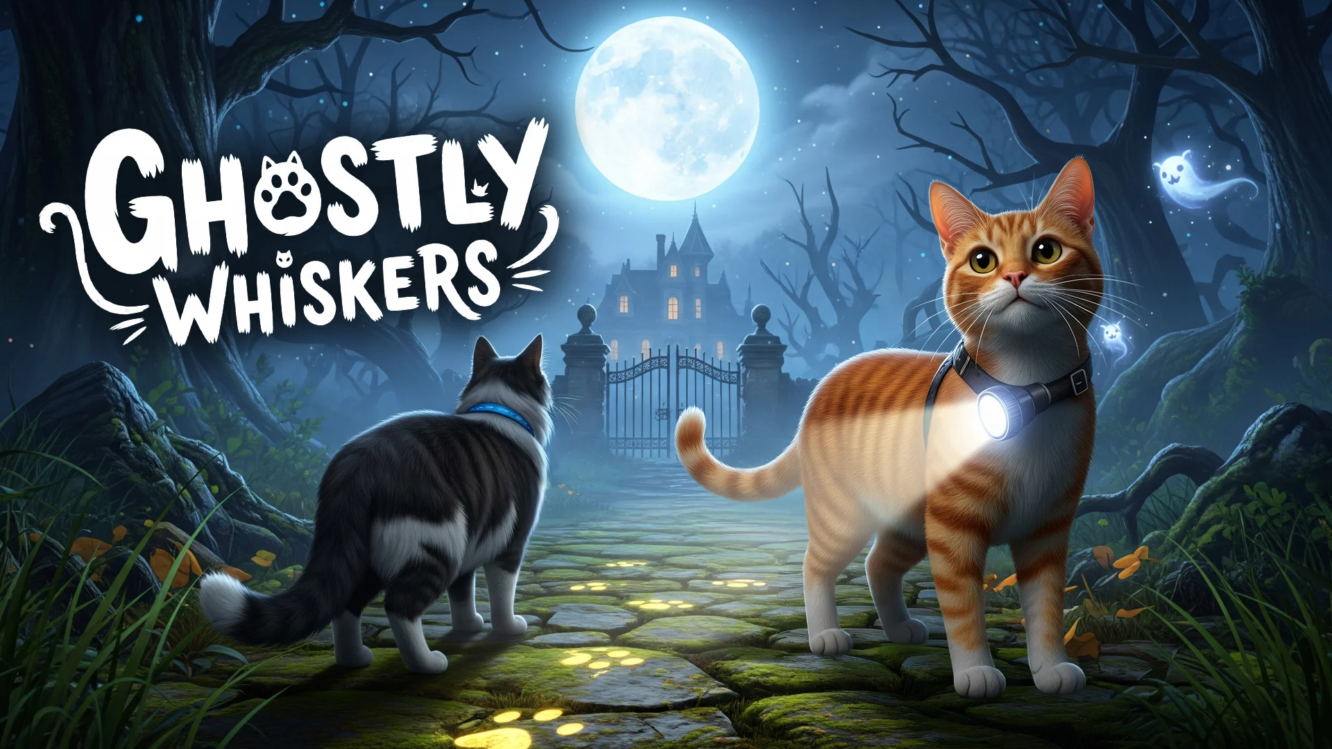 Ghostly Whiskers 月夜の洋館前に立つ2匹の猫のキービジュアル