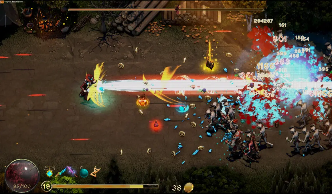 ゲームプレイ画面。英雄が放つ光線が敵の群れに当たりダメージ数値が表示される