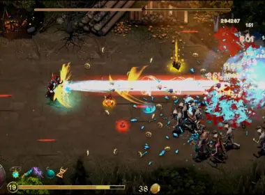 ゲームプレイ画面。英雄が放つ光線が敵の群れに当たりダメージ数値が表示される