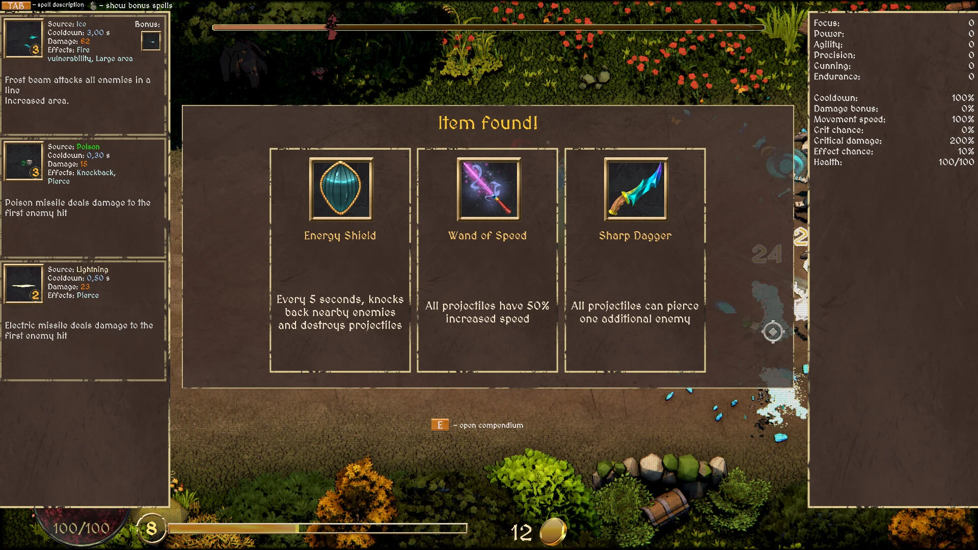 アイテム発見画面。Energy Shield、Wand of Speed、Sharp Daggerの3択