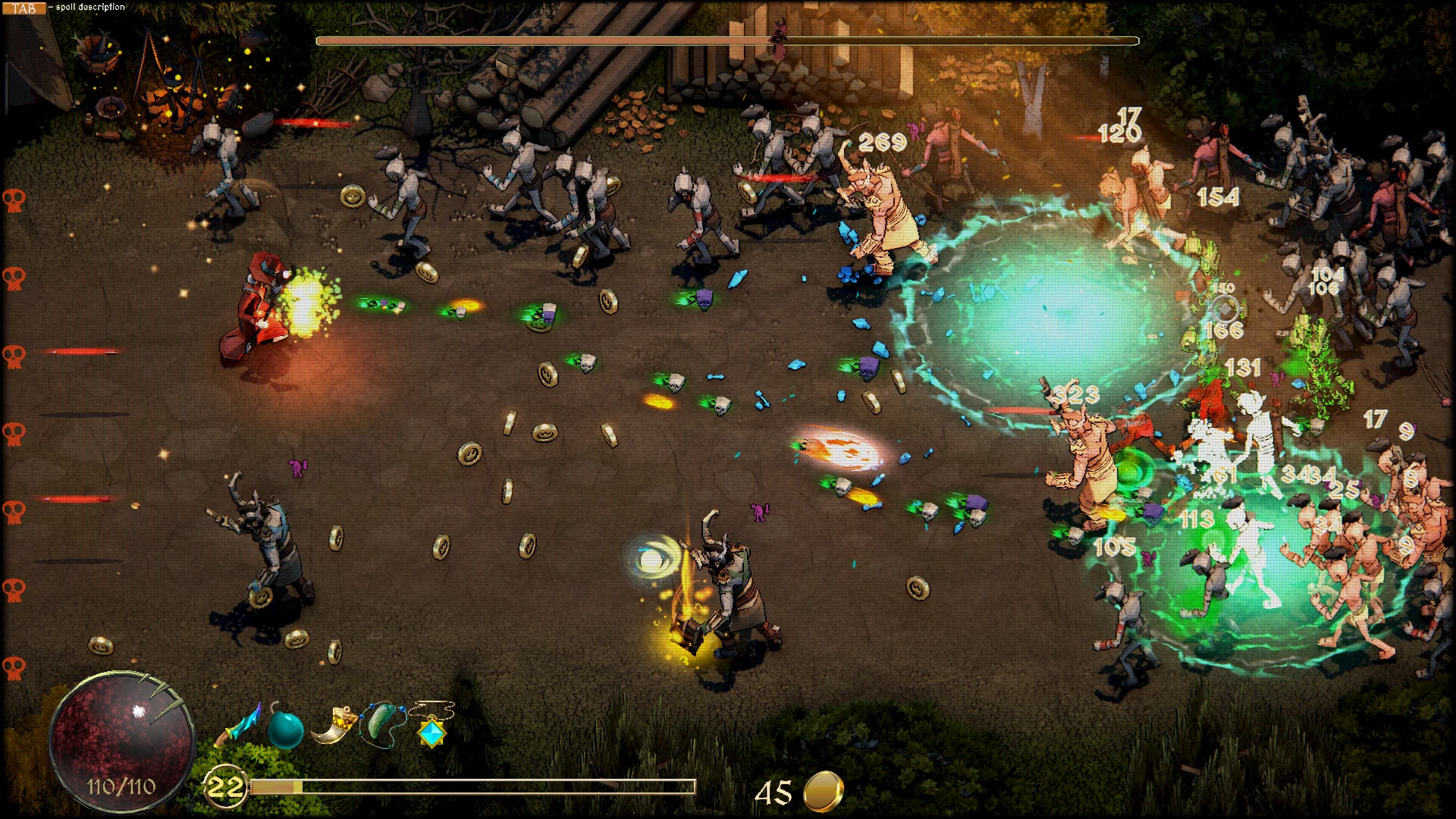 多数の敵と戦う俯瞰視点アクションゲームのプレイ画面