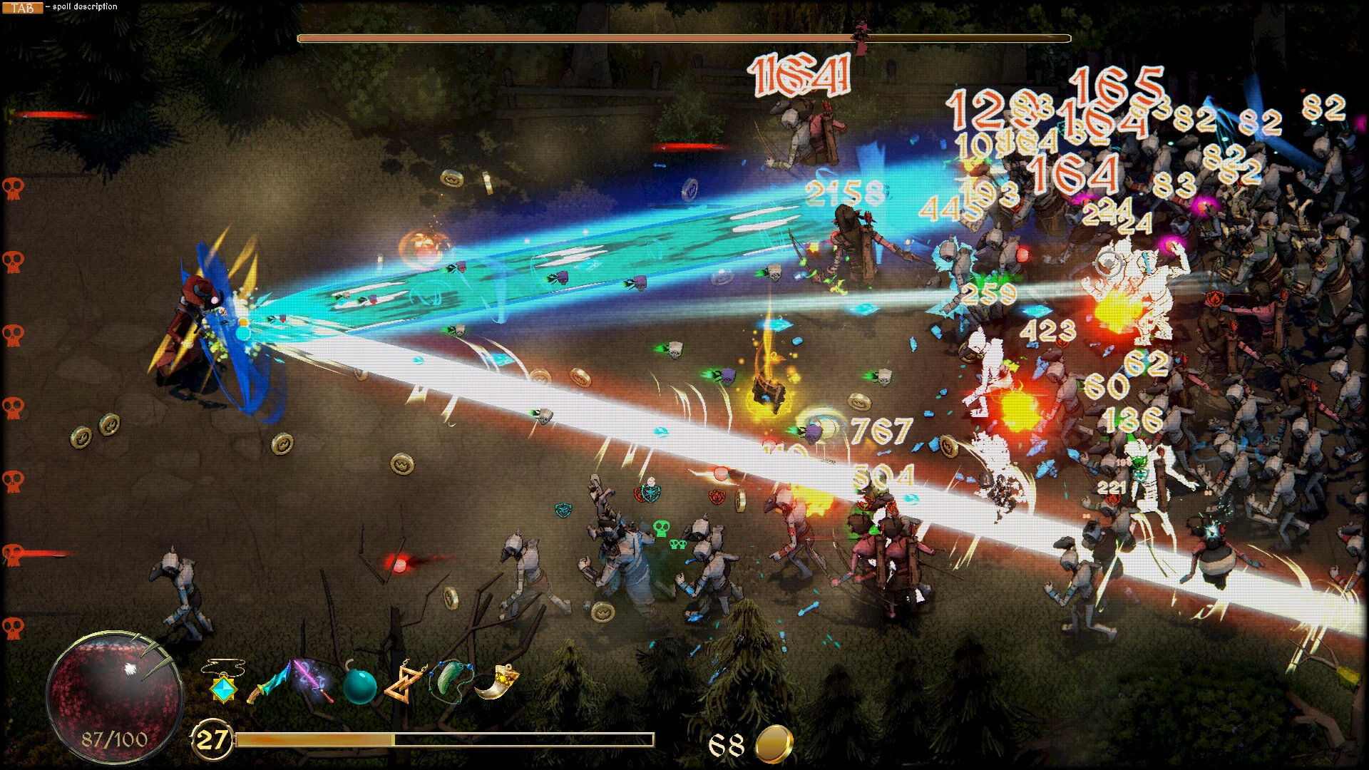 多数の敵に青白いビームを放つ戦闘中のゲーム画面