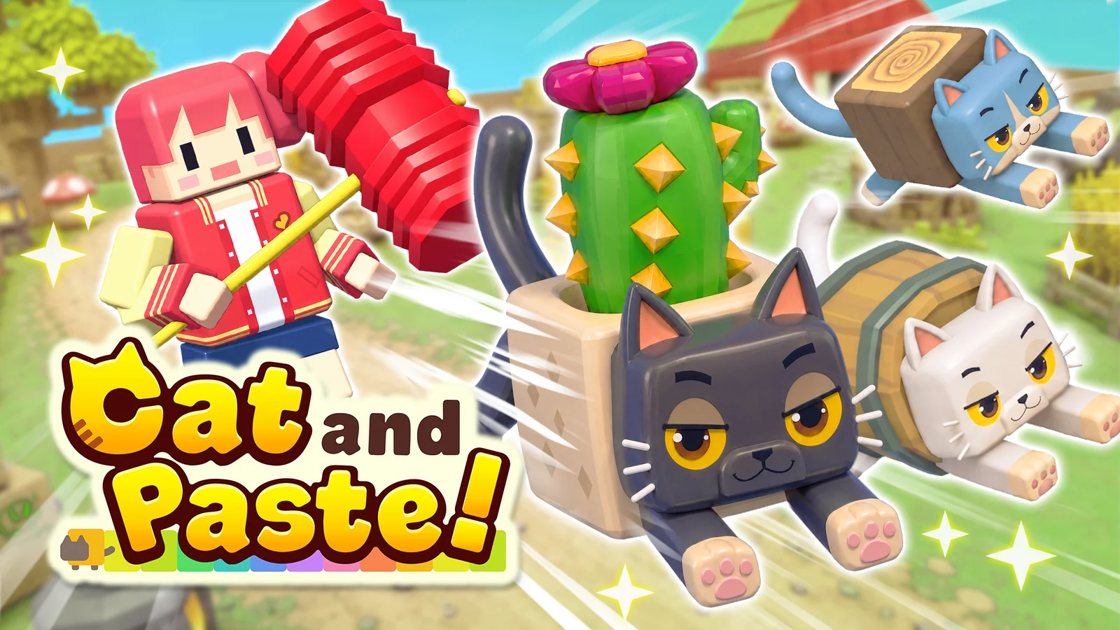 『Cat and Paste!』キービジュアル。ハンマーを持つハンターと、物に化けたネコたち