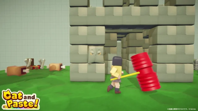 『Cat and Paste!』ハンターが赤いハンマーで石ブロックに化けたネコを探すゲーム画面